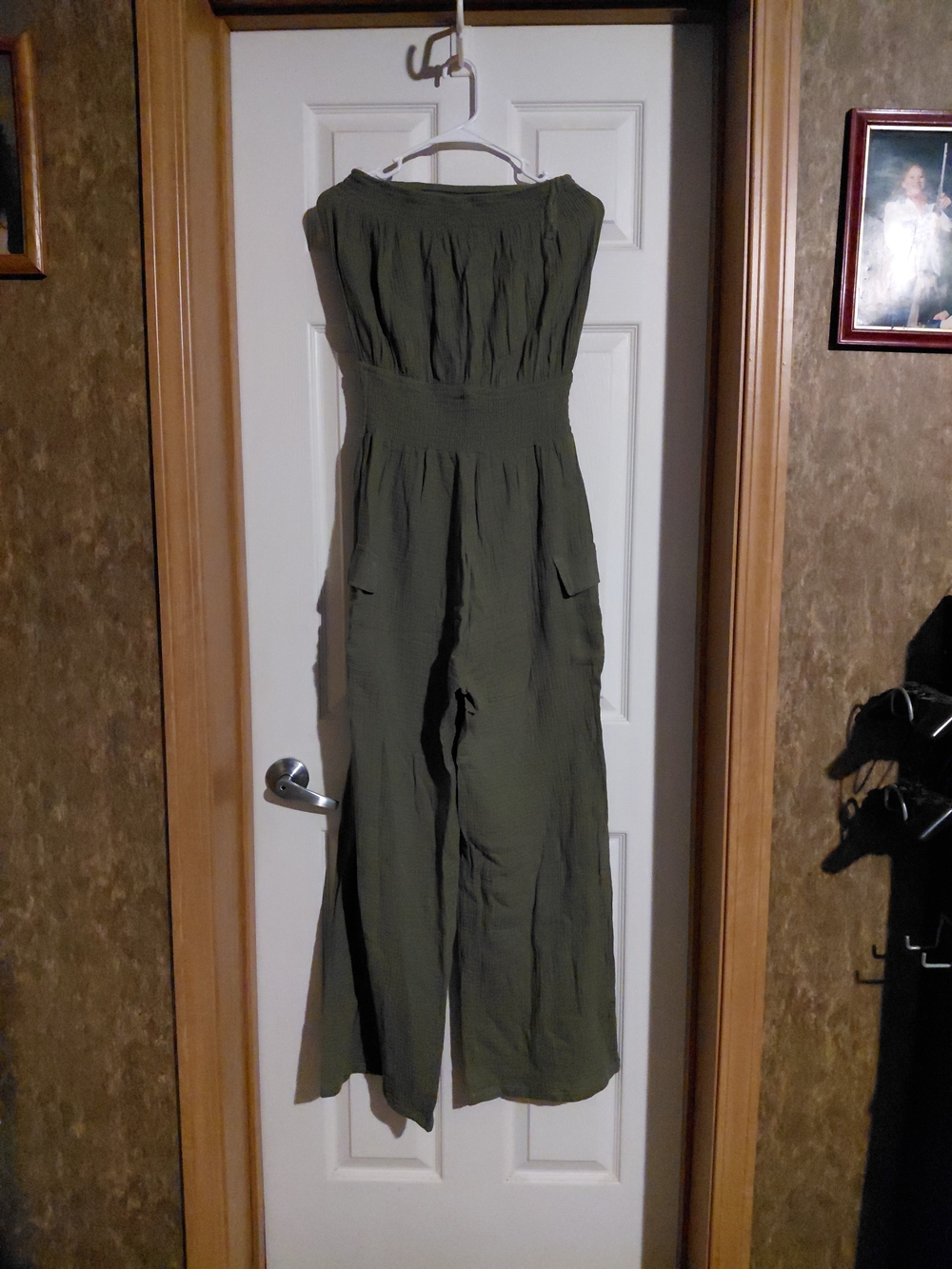 Strapless Olive Wide-Leg Jumpsuit with Smocked Waist